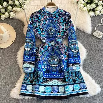 Весна Осень Женщины Винтажный Принт Подиум Платье Длинный Рукав Мини Короткие Платья Для Вечеринок S синий