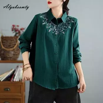 Весна Осень Женская Базовая Хлопковая Рубашка Отложной Воротник Белый Черный Зеленый Вышивка Свободная Блузка Ретро Длинный Рукав Элегантная Блузка M белый