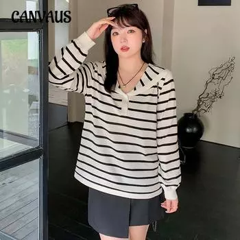 Весна Осень Женская Блузка Плюс Размер Повседневная Полосатая Рубашка Темно-Синий Воротник Топ Трикотаж XL чёрный