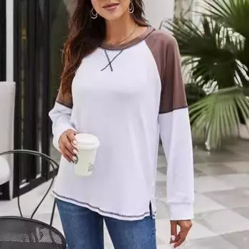 Весна Осень Женская Длинный Рукав Сращивание Круглый Вырез Повседневная Футболка Свободные Женские Топы Футболки Женские S серый