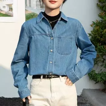 Весна Осень Женская джинсовая рубашка куртка новая с длинным рукавом ретро женские рубашки для поездок на работу мода элегантный лацкан свободная простая повседневная блузка одежда 2596 S синий