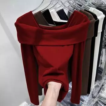 Весна-Осень Женская футболка с длинными рукавами, сексуальная рубашка без бретелек с открытыми плечами, двусторонняя бархатная облегающая футболка-стрейч S белый