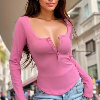 Весна Осень Женская футболка сексуальная с квадратным вырезом и пуговицами Однотонная трикотажная футболка с длинным рукавом Повседневная тонкая модная розовая футболка S розовый