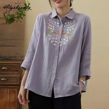 Весна Осень Женская Хлопковая Базовая Блузка Отложной Воротник Серый Синий Белый Розовый Свободная Рубашка Винтажная Цветочная Вышивка Элегантная Блузка M серый