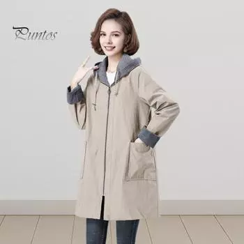 Весна Осень Женская куртка с капюшоном, длинными рукавами, завязками на шнурке, карманами больших размеров, застежкой-молнией, ветровка средней длины, однотонная, большие карманы, ветрозащитная L хаки