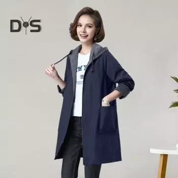 Весна Осень Женская куртка с капюшоном, длинными рукавами, завязками на шнурке, карманами больших размеров, застежкой-молнией, ветровка средней длины, однотонная, большие карманы, ветрозащитная L хаки