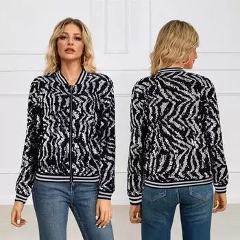 Весна Осень Женская куртка серебристые пайетки длинный рукав бейсбольная майка S серебряный