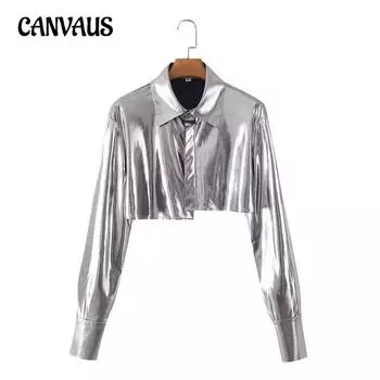 Весна Осень Женская мода блестящая рубашка стиль короткая куртка S серебряный