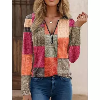 Весна Осень Женская мода Повседневный свободный принт V-образный вырез молния с длинными рукавами кашемировые футболки женские S
