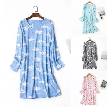 Весна Осень Женская Ночная Рубашка Круглый Вырез Мультяшный Принт Длинные Рукава Свободный Пуловер Ночная Рубашка Пижамы Для Мамы Дочери S Penguin