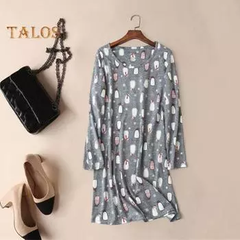 Весна Осень Женская Ночная Рубашка Круглый Вырез Мультяшный Принт Длинные Рукава Свободный Пуловер Ночная Рубашка Пижамы Для Мамы Дочери S Teacup