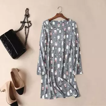 Весна Осень Женская Ночная Рубашка Круглый Вырез Мультяшный Принт Длинные Рукава Свободный Пуловер S