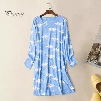 Весна Осень Женская Ночная Рубашка Круглый Вырез Мультяшный Принт Длинные Рукава Свободный Пуловер Ночная Рубашка Пижамы Для Мамы Дочери S Teacup