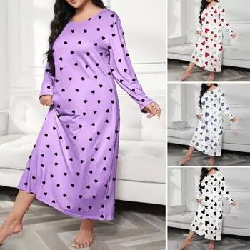 Весна Осень Женская Ночная Рубашка Плюс Размер Круглый Вырез Бабочка Леопард Сердце Принт Длинные Рукава Свободный Пуловер Ночная Рубашка Пижамы Для Мамы Дочери XL чёрный