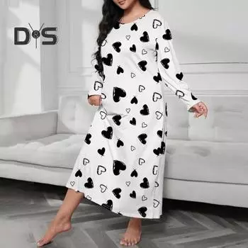 Весна Осень Женская Ночная Рубашка Плюс Размер Круглый Вырез Бабочка Леопард Сердце Принт Длинные Рукава Свободный Пуловер Ночная Рубашка Пижамы Для Мамы Дочери XL фиолетовый
