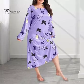 Весна Осень Женская Ночная Рубашка Плюс Размер Круглый Вырез Бабочка Леопард Сердце Принт Длинные Рукава Свободный Пуловер Ночная Рубашка Пижамы Для Мамы Дочери XXL фиолетовый