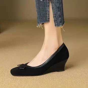 Весна/осень Женская обувь из овечьей замши Туфли для женщин Туфли-лодочки на толстом каблуке с острым носком Туфли Мэри Джейн на танкетке 34 чёрный