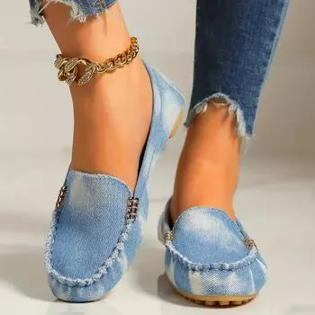 Весна Осень Женская обувь Повседневная обувь на плоской подошве Слипоны с круглым носком Джинсовые туфли на плоской подошве Джинсовая обувь 44 синий