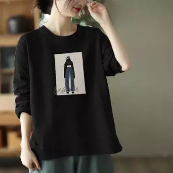 Весна Осень Женская Одежда Круглый Вырез Однотонный Пуловер Фонарь Длинный Рукав Свободные Модные Геометрические Буквы Печати Топы XXL чёрный