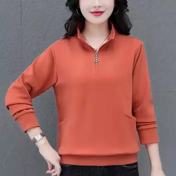 Весна Осень Женская Одежда Однотонный Пуловер Молния Полуоткрытый Воротник Фонарь Длинный Рукав Повседневная Мода Толстовки Топы L красный