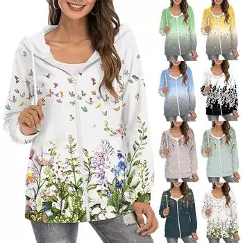 Весна Осень Женская Одежда С Капюшоном С Принтом Бабочки Толстовка Молния Пух Градиент Цвета Толстовки Пальто Для Женщин S