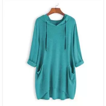 Весна-Осень Женская однотонная свободная длинная футболка с капюшоном, нестандартный длинный рукав, карман, пуловер, топ S чёрный