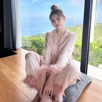 Весна Осень Женская Пижама Брючный Комплект Перо Розовая Пижама Подарок Сексуальная Свободная Атласная Домашняя Одежда Одежда Для Отдыха XL чёрный
