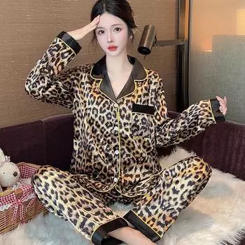 Весна Осень Женская Пижама Из Двух Частей Леопардовая Пижама Отдых Женская Пижама Принт Шелковые Брюки С Длинными Рукавами Пижама Комплект Домашней Одежды M