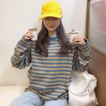 Весна Осень Женская полосатая футболка Harajuku Футболки с длинным рукавом и круглым вырезом Повседневная свободная футболка Femme y2k Топы уличная одежда M