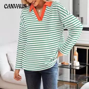 Весна Осень Женская Полосатая Толстовка V-образным Вырезом Свободная Толстовка С Отворотом S темно-зеленого