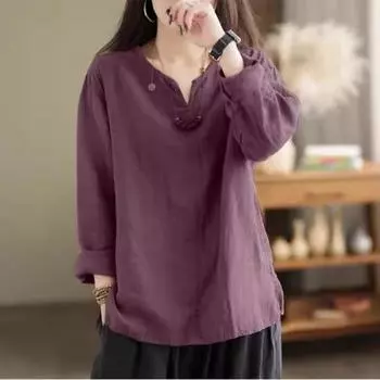 Весна Осень Женская Повседневная Свободная Хлопковая Конопляная Толстовка С V-образным Вырезом Длинные Рукава Разрезы Низ Футболки Женские S хаки