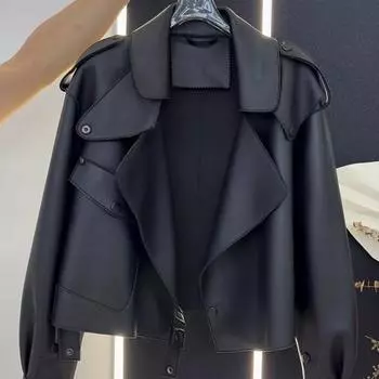 Весна Осень Женская PU Кожаная Куртка Повседневная Женская Ветрозащитная Мотоциклетная Кожаная Куртка L чёрный