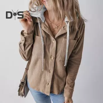 Весна Осень Женская рубашка с лоскутным капюшоном и нагрудными карманами, однобортная, свободная, с длинными рукавами, однотонная, в полоску, повседневная, школьная XL светло-серый