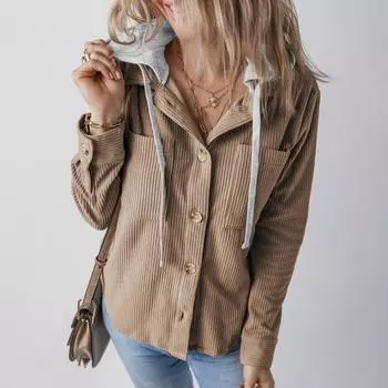 Весна Осень Женская рубашка с лоскутным капюшоном и нагрудными карманами, однобортная, свободная, с длинными рукавами, однотонная, в полоску, повседневная, школьная M чёрный