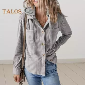 Весна Осень Женская рубашка с лоскутным капюшоном и нагрудными карманами, однобортная, свободная, с длинными рукавами, однотонная, в полоску, повседневная, школьная XL светло-серый