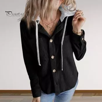 Весна Осень Женская рубашка с лоскутным капюшоном и нагрудными карманами, однобортная, свободная, с длинными рукавами, однотонная, в полоску, повседневная, школьная XL красный