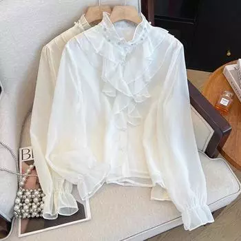 Весна Осень женская рубашка с воротником-стойкой, с оборками, модная элегантная свободная блузка с длинным рукавом, женская повседневная простая однотонная одежда 3129 S белый