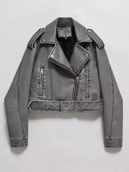 Весна-Осень, женская свободная молния с поясом, короткая куртка из искусственной кожи в стиле ретро, уличная одежда, женское шикарное винтажное пальто, верхняя одежда S серый
