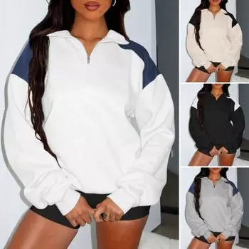 Весна Осень Женская толстовка Отложной воротник Длинные рукава Свободная молния до середины Контраст S чёрный