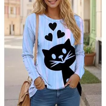 Весна Осень Женская толстовка Рождественская Кошка Любовь Длинный рукав 3D Печать Круглый вырез Толстовка Длинные рукава Пуловеры S