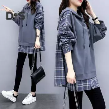 Весна Осень Женская толстовка с капюшоном в клетку с имитацией двух частей средней длины с завязками и длинными рукавами, повседневная школьная спортивная майка M темно-синий