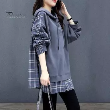 Весна Осень Женская толстовка с капюшоном в клетку с имитацией двух частей средней длины с завязками и длинными рукавами, повседневная школьная спортивная майка M темно-синий