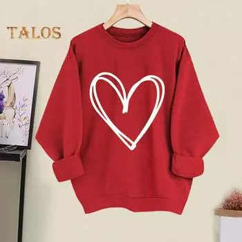 Весна Осень Женская Толстовка Сердце Принт Чистый Цвет Круглый Вырез Свободный Длинные Рукава Пуловер День Святого Валентина Топ S красный