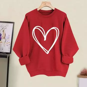 Весна Осень Женская Толстовка Сердце Принт Чистый Цвет Круглый Вырез Свободный Длинный M красный