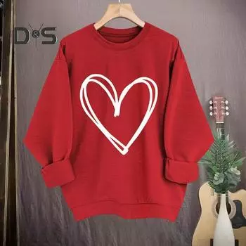 Весна Осень Женская Толстовка Сердце Принт Чистый Цвет Круглый Вырез Свободный Длинные Рукава Пуловер День Святого Валентина Топ S красный
