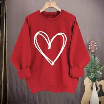 Весна Осень Женская Толстовка Сердце Принт Чистый Цвет Круглый Вырез Свободный Длинные Рукава Пуловер День Святого Валентина Топ S красный