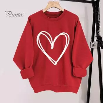 Весна Осень Женская Толстовка Сердце Принт Чистый Цвет Круглый Вырез Свободный Длинные Рукава Пуловер День Святого Валентина Топ L красный
