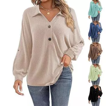 Весна Осень Женская V-образный вырез на пуговицах на талии Модная однотонная рубашка с длинными рукавами Блузки и рубашки S абрикосовый