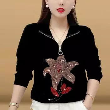 Весна Осень Женская Винтажная футболка с длинным рукавом Корейская мода Новая женская одежда Цветочные блестки молния V-образный вырез свободные повседневные топы L чёрный