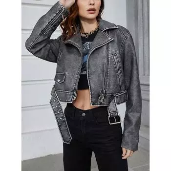 Весна-Осень, женская винтажная свободная короткая куртка из искусственной кожи, уличная одежда, женское пальто с поясом на молнии и лацканом, верхняя одежда, топы S серый